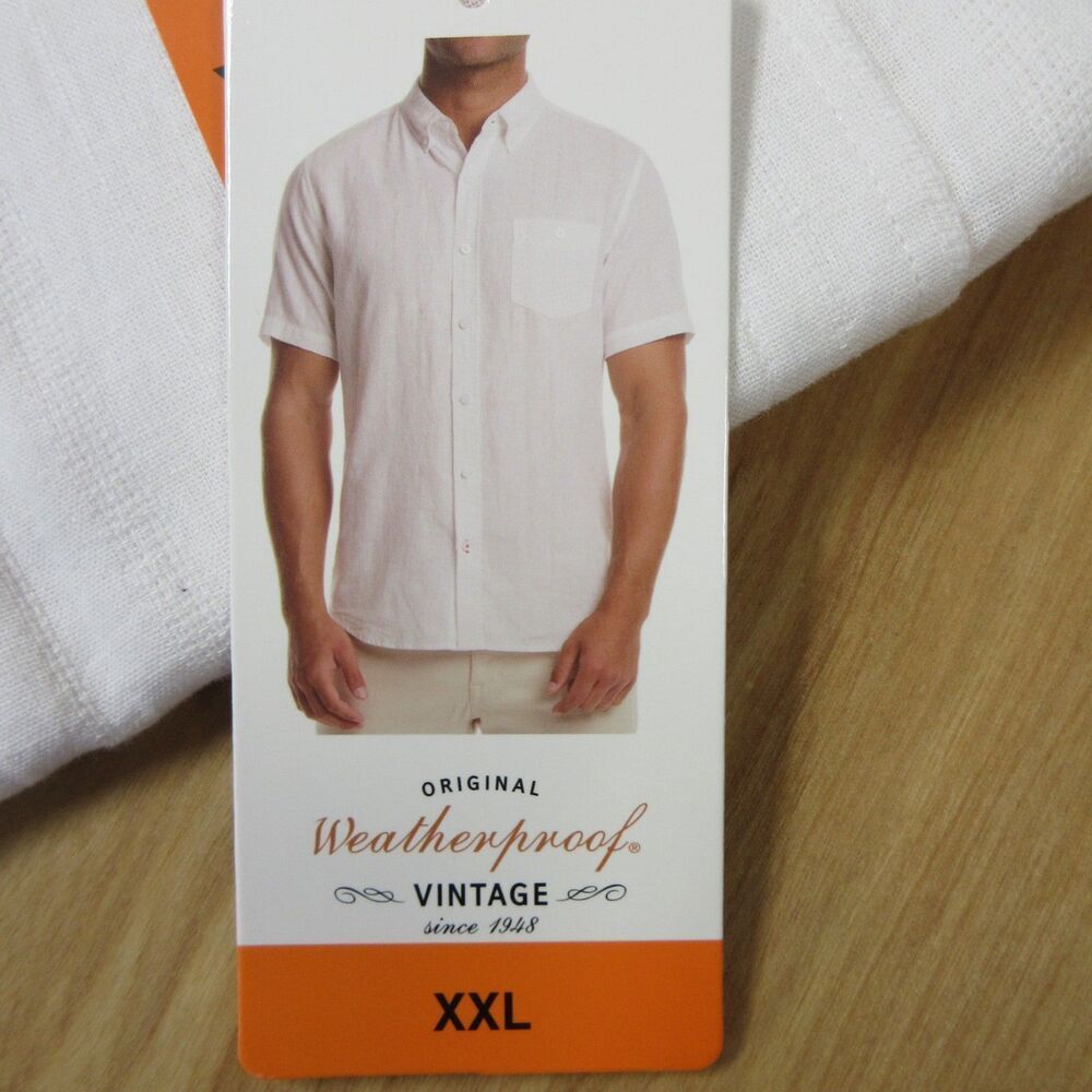 WEATHERPROOF VINTAGE White Linen Blend Woven Shirt Mens XXL Short Sleeve 2XL NWT - Picture 2 of 7